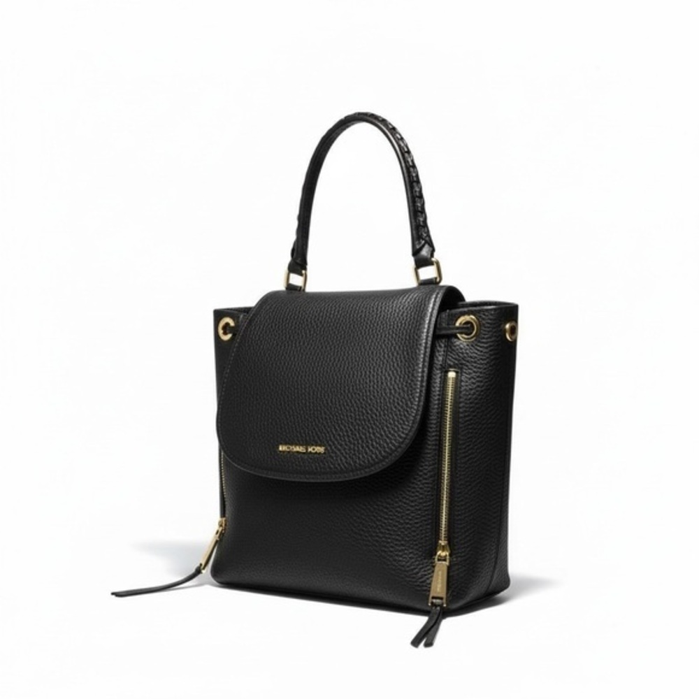 Michael Kors Black Pebbled Leather Top-Handle Backpack with Gold Hardware